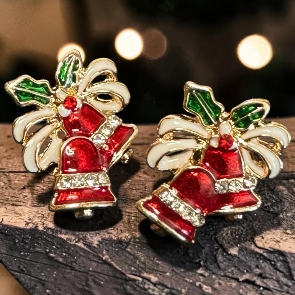 Holiday Bell Earrings Holly Bow Rhinestone Gold Tone Christmas Studs